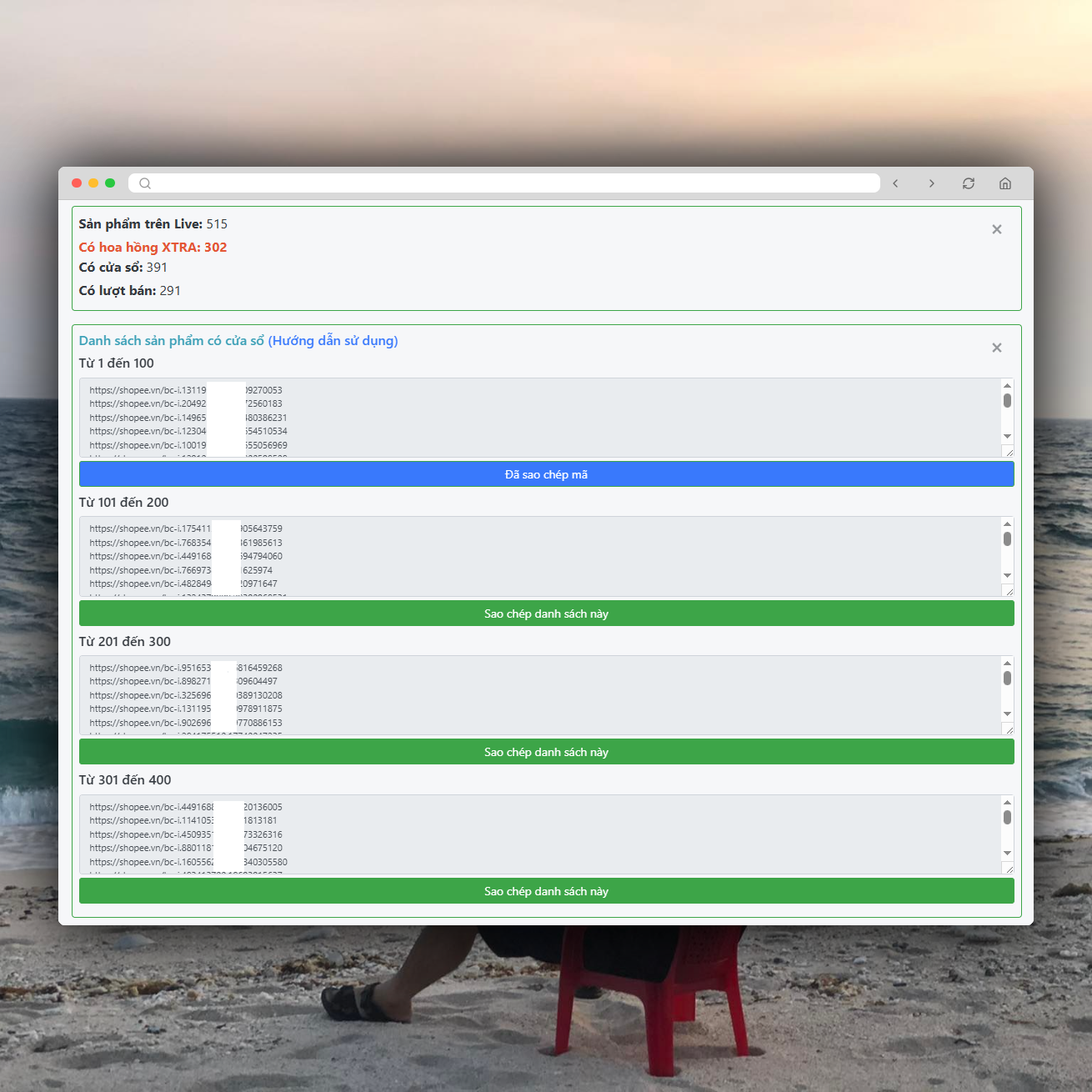 Danh sách liên kết sản phẩm có cửa sổ